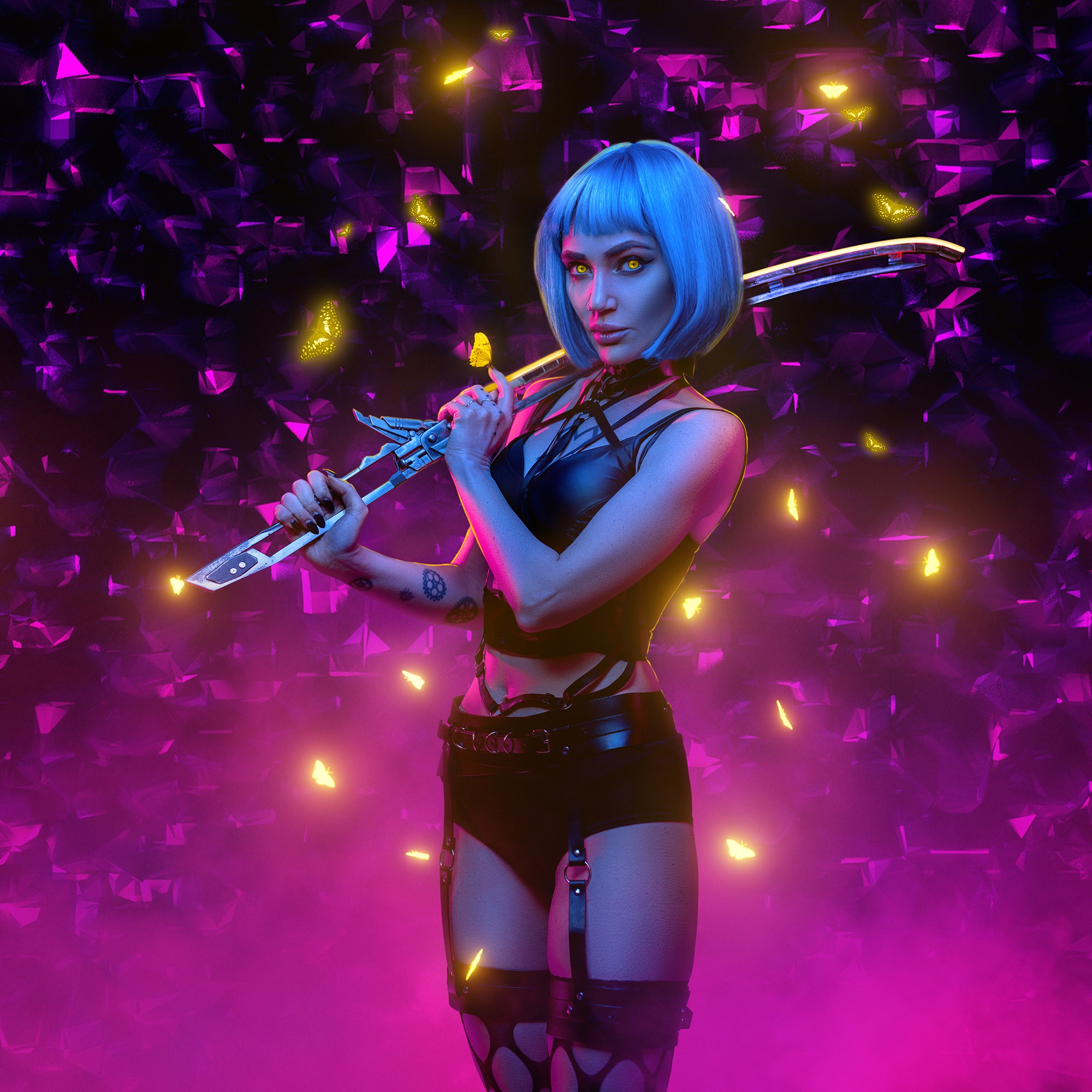 Cyberpunk woman with sword against abstract background